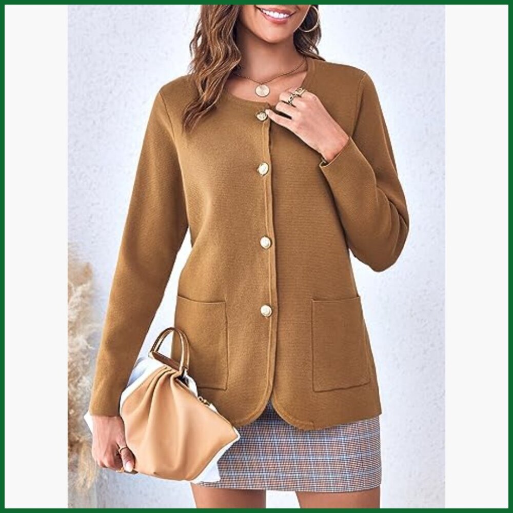 Crew Neck Button Down Cardigan Sweater with Pockets - Picture 3 of 7